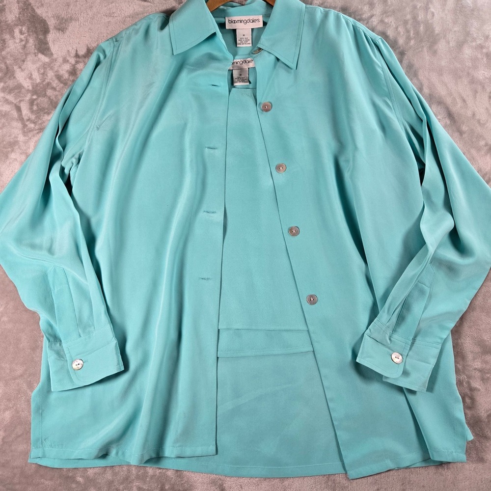 Bloomingdales Silk Shirt Tank Top 2 PC Set Womens M Aqua Blue Button Up Blouse‎